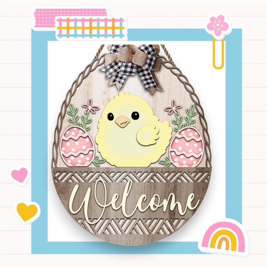 a wooden sign with a chicken in a basket