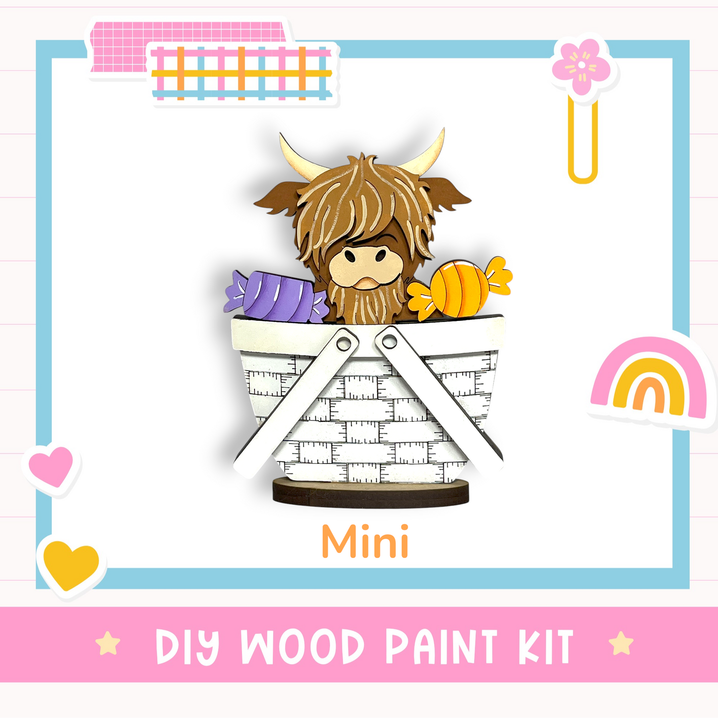 a wooden basket with a cartoon character inside, surrounded by various colorful and whimsical elements such as hearts, flowers, and a rainbow.