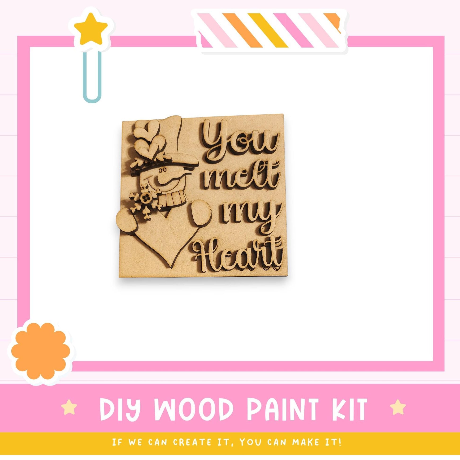 a DIY wood paint kit with a snowman cutout and a motivational quote.
