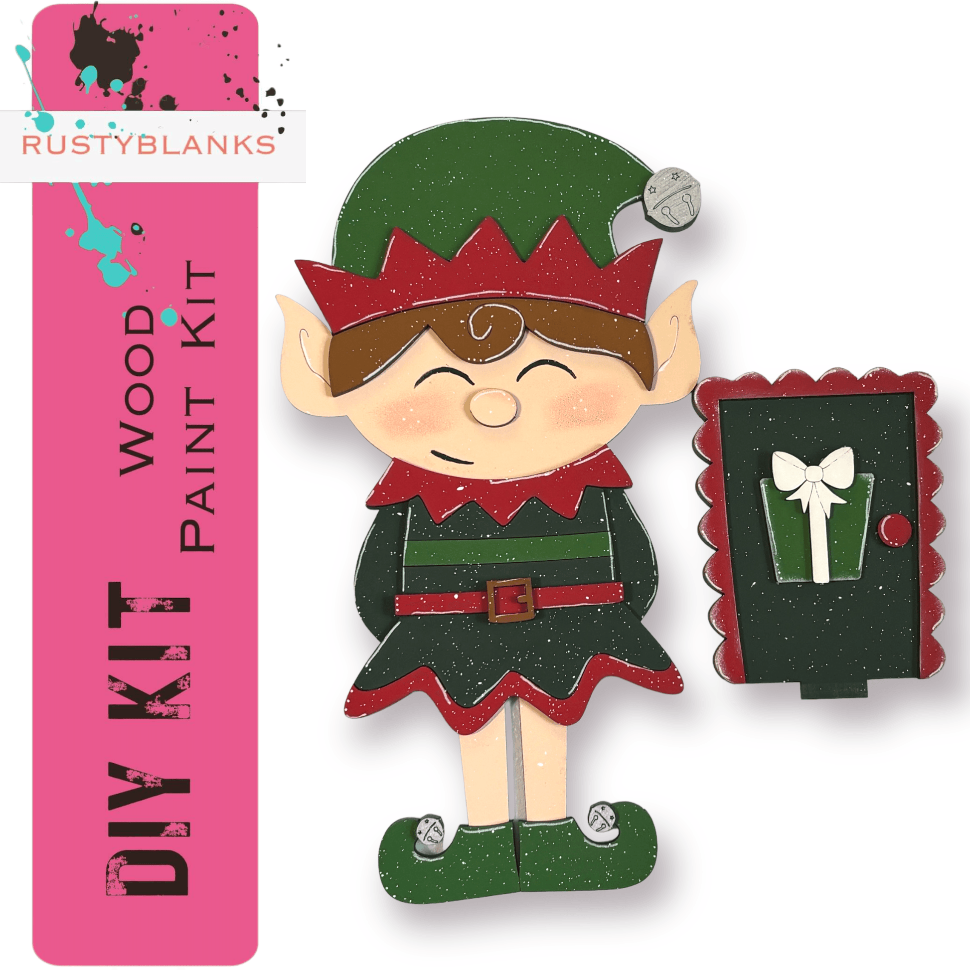 a paper cut out of a elf holding a present