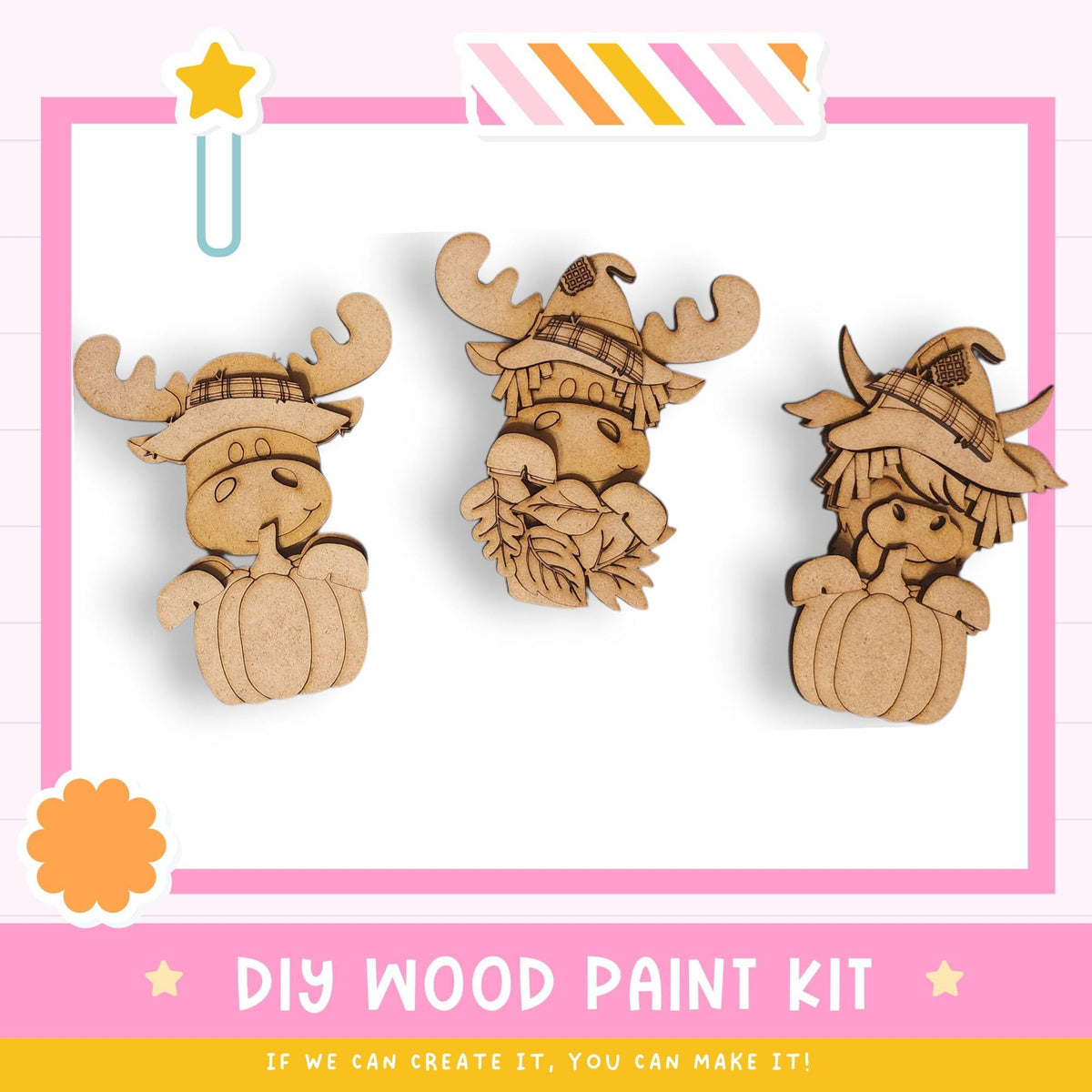 three wooden animal figurines wearing hats, likely representing moose or deer, set against a pink and white background.