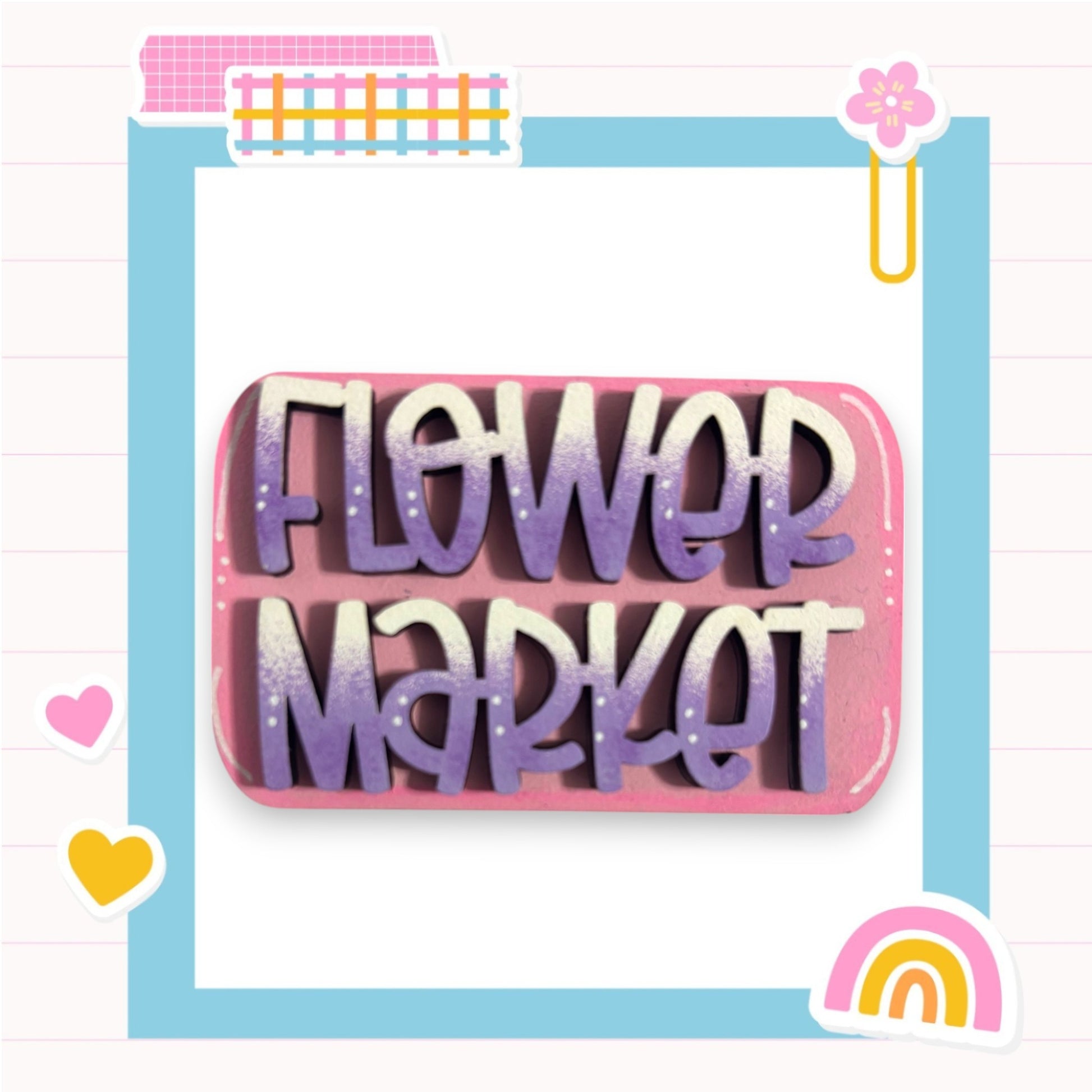 a pink and purple sign that says "FLOWER MARKET" in a stylized font.