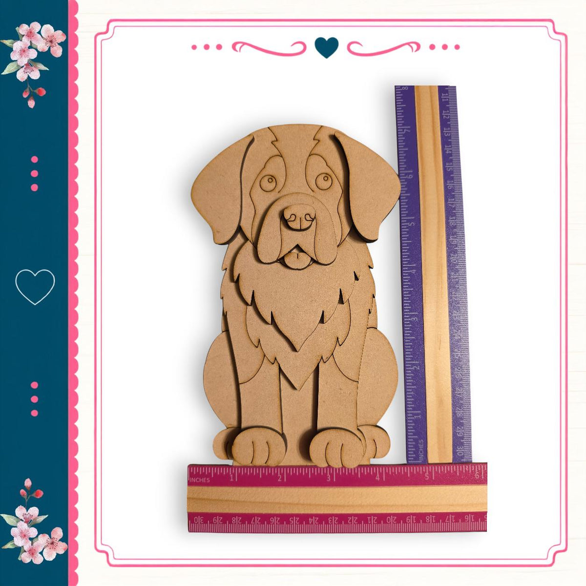 A wooden cutout of a dog is placed next to a ruler, with a heart-shaped design on the left side of the image.