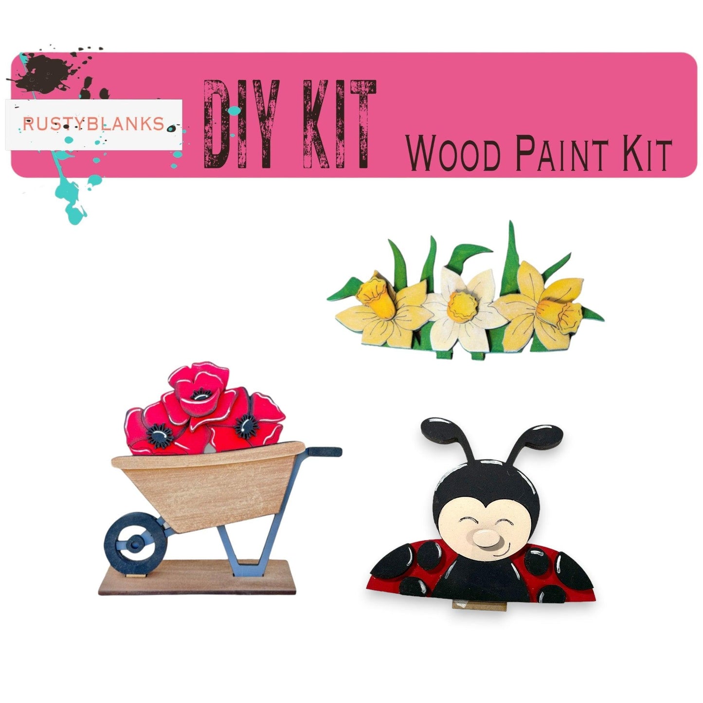 a paper craft kit with flowers, a wheelbarrow, and a lady bug