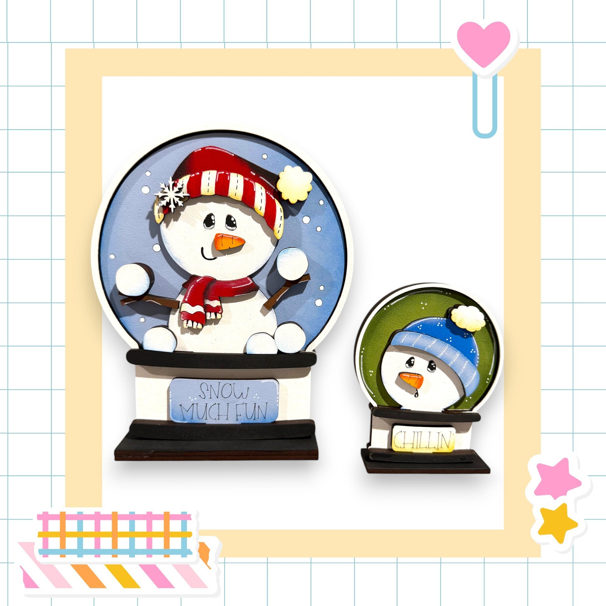 two snowmen, one larger and one smaller, both wearing winter hats and scarves. They are set against a background with a grid pattern.