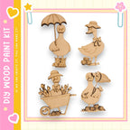 four wooden duck figurines, each with unique poses and accessories, such as umbrellas, flower baskets, and hats.