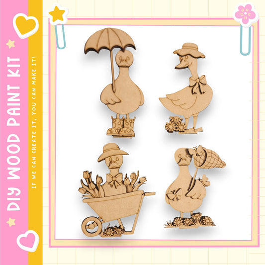 four wooden duck figurines, each with unique poses and accessories, such as umbrellas, flower baskets, and hats.