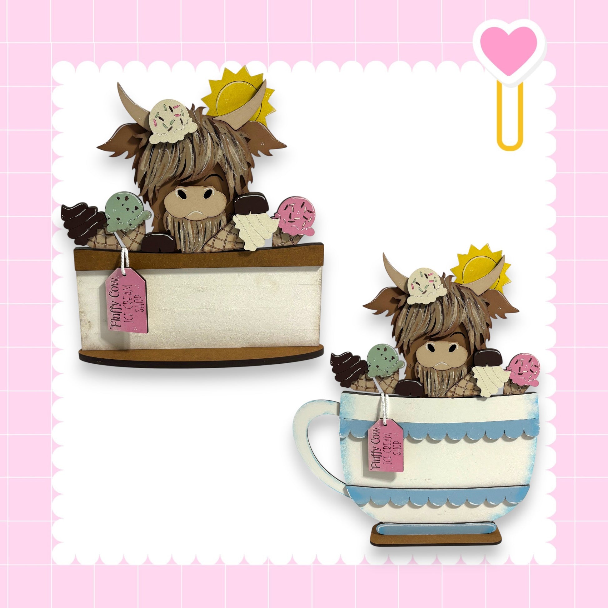 two wooden cutouts of a cow or bull sitting inside a cup or teapot, surrounded by various desserts such as ice cream and cake.