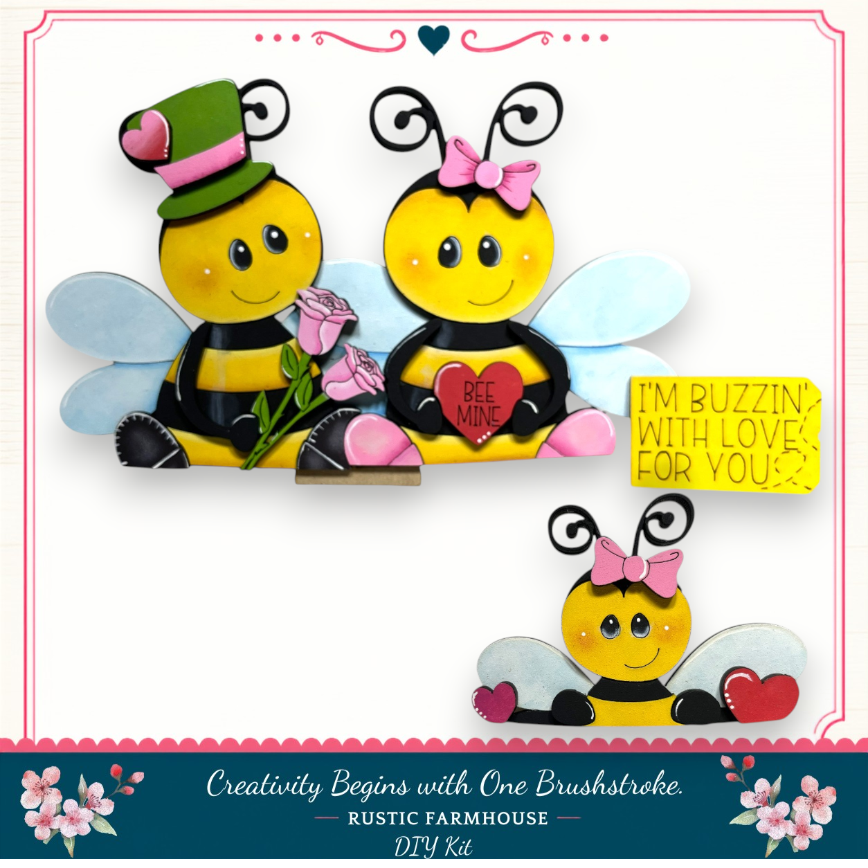 The image is a collage featuring three bee characters, each with a unique design and a heart-shaped sign. The first bee character is wearing a green hat and holding a pink rose, the second bee character is wearing a pink bow and holding a heart-shaped sign that says "I'm Buzzin' with Love for You!", and the third bee character is wearing a pink bow and holding a heart-shaped sign that says "I'm Buzzin' with Love for You!".