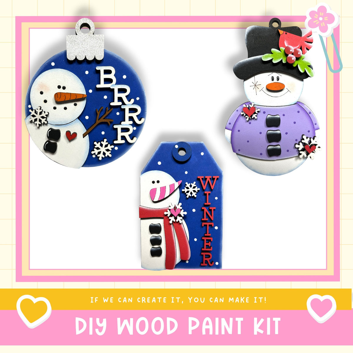 three decorative snowman ornaments with the text "BRRR" on them, along with a tag that says "WINTER". The snowmen are wearing hats and scarves, and they are set against a pink and white background.