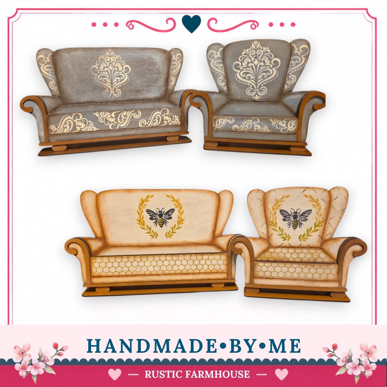 a collection of hand-painted furniture, including two armchairs and a sofa, with intricate floral designs. The furniture appears to be handmade and is displayed in a rustic farmhouse style.
