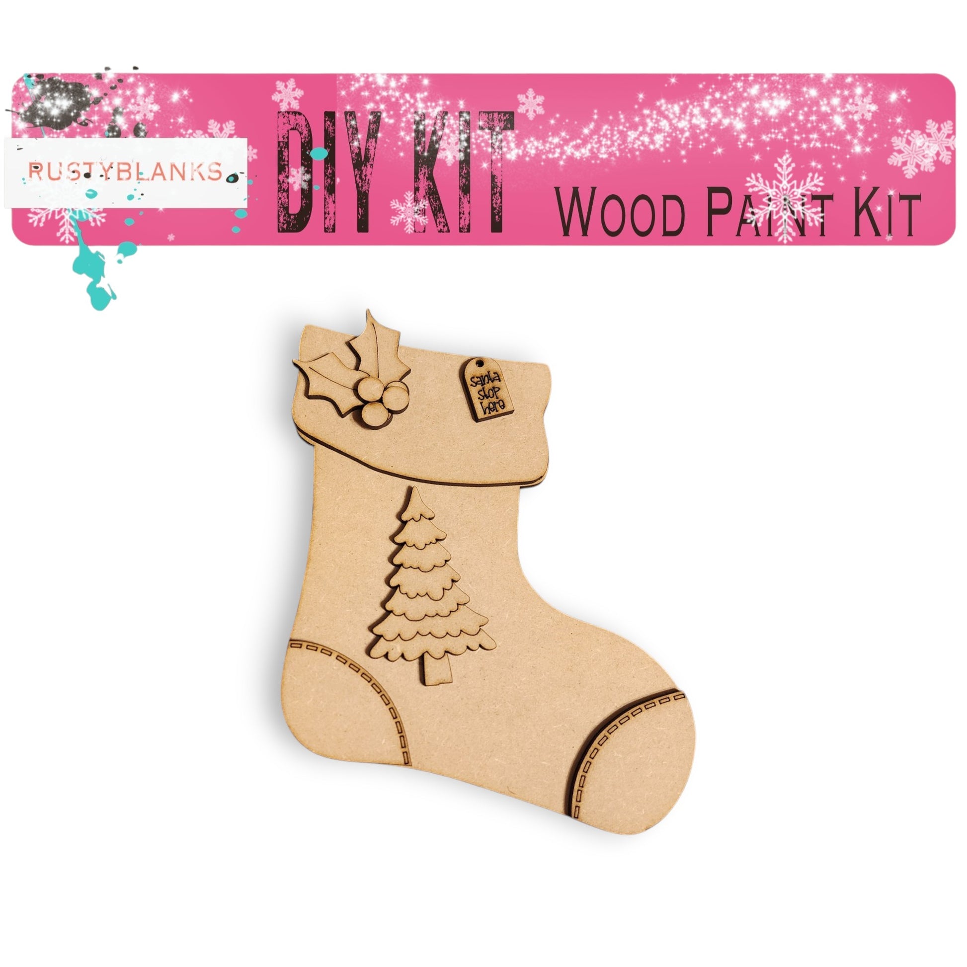 a wooden cut out of a christmas stocking