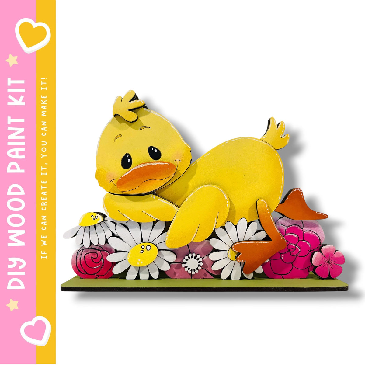 A yellow duck-shaped figure is sitting on a colorful floral arrangement, surrounded by various flowers and leaves.