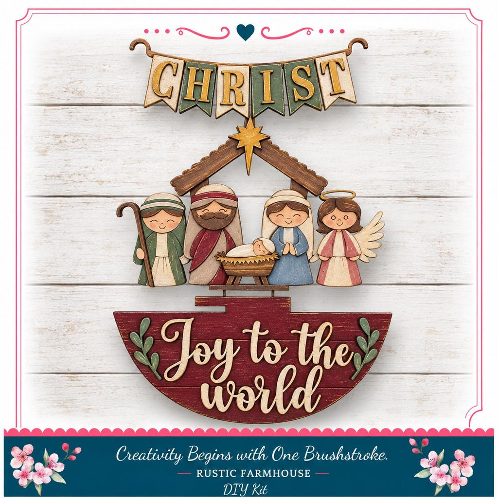 The image is a Christmas nativity scene with a wooden sign that says "Joy to the world" and a banner that says "CHRIST". The scene includes three figures representing the baby Jesus, Mary, and Joseph, along with a wooden hutch and a star. The background is a white wooden wall with a floral border.