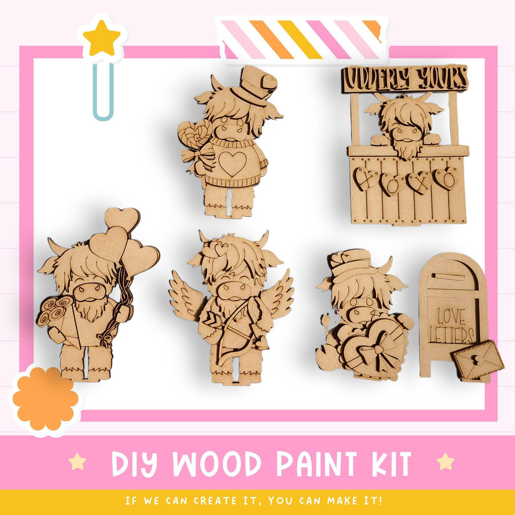 The image is a DIY wood paint kit featuring various wooden characters, including a knight, a princess, and a unicorn, along with a sign that says "UWDER YOURS".