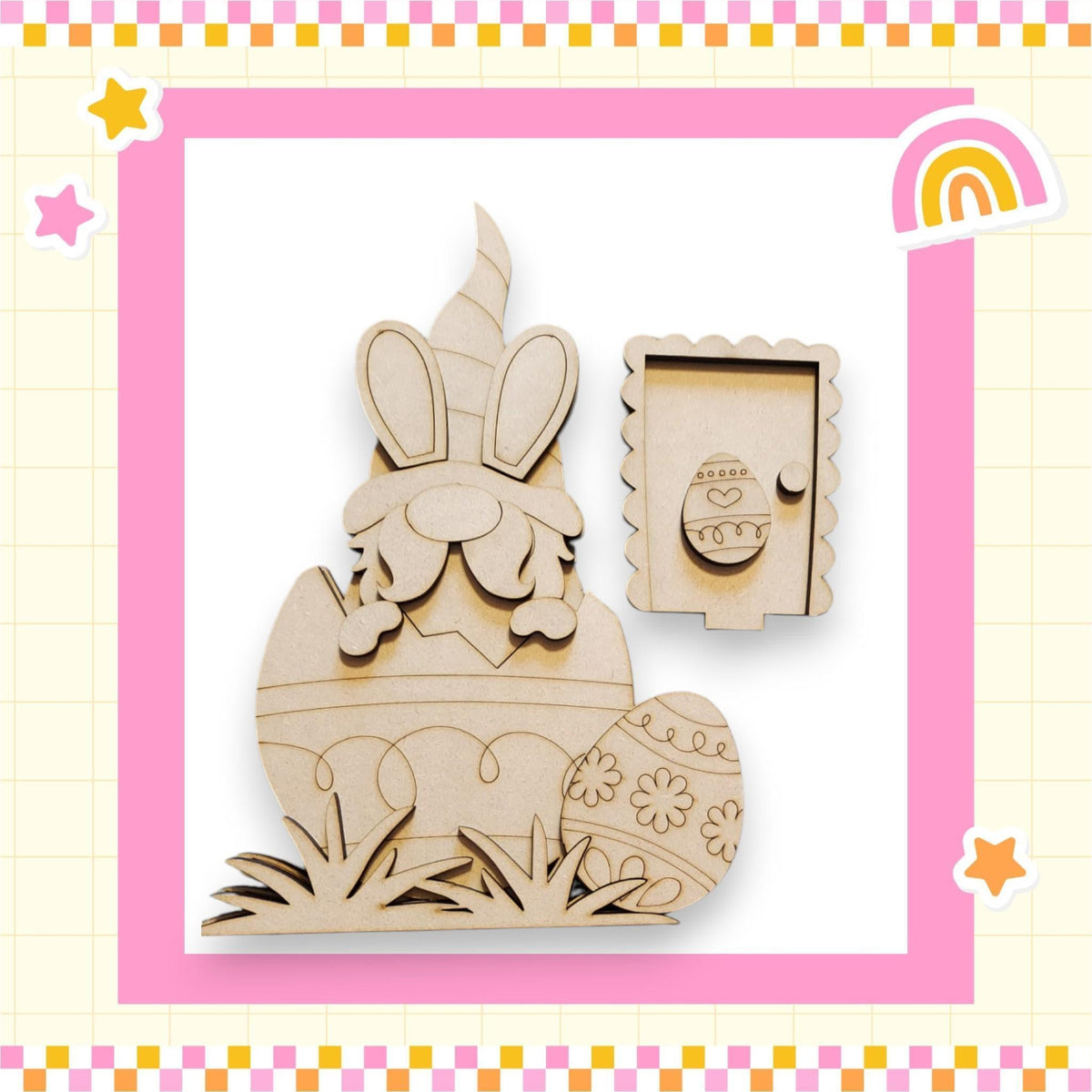 a wooden cutout of a bunny with a basket of eggs