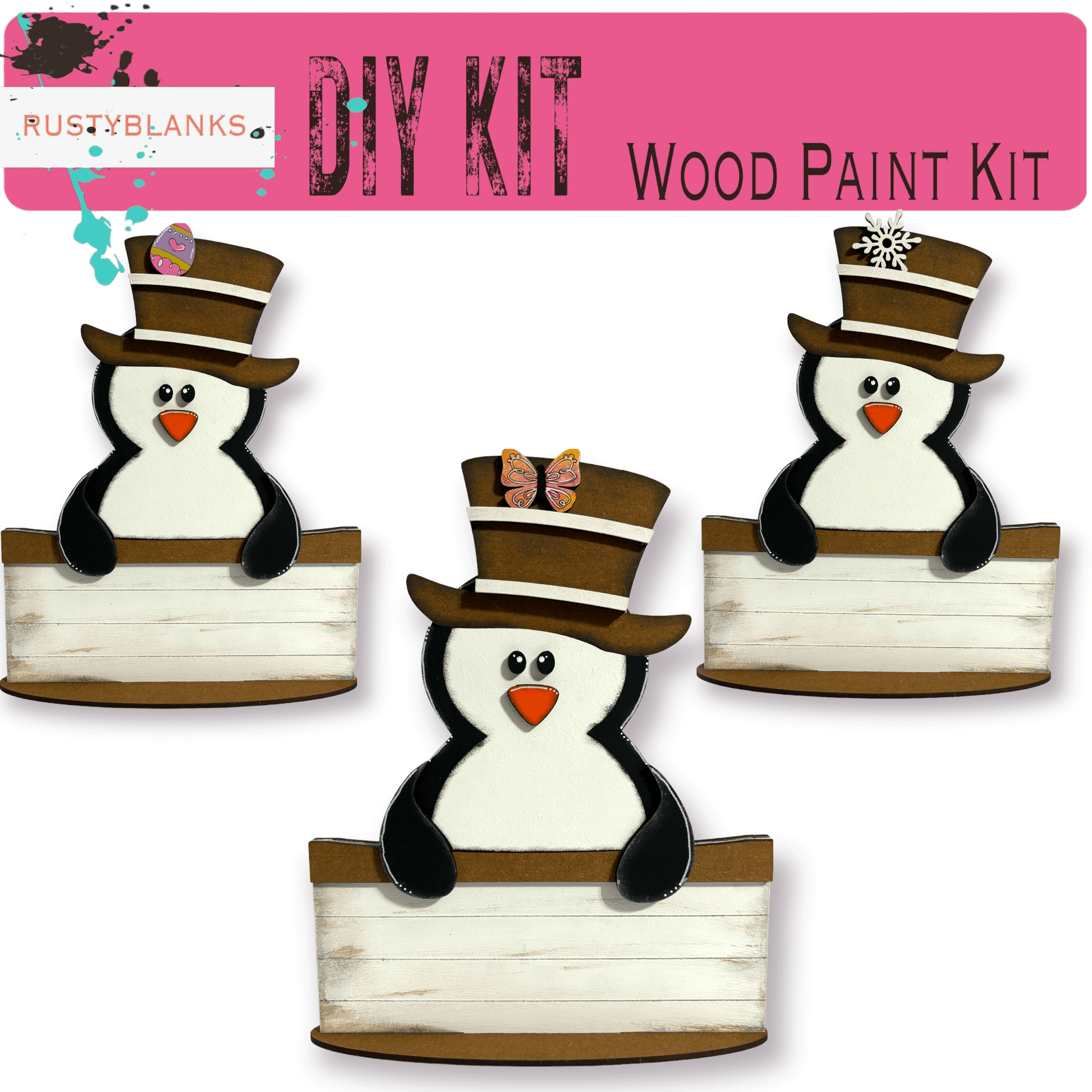 three wooden snowmen with hats on their heads