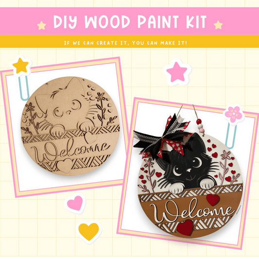 a picture of a wooden paint kit and a picture of a cat