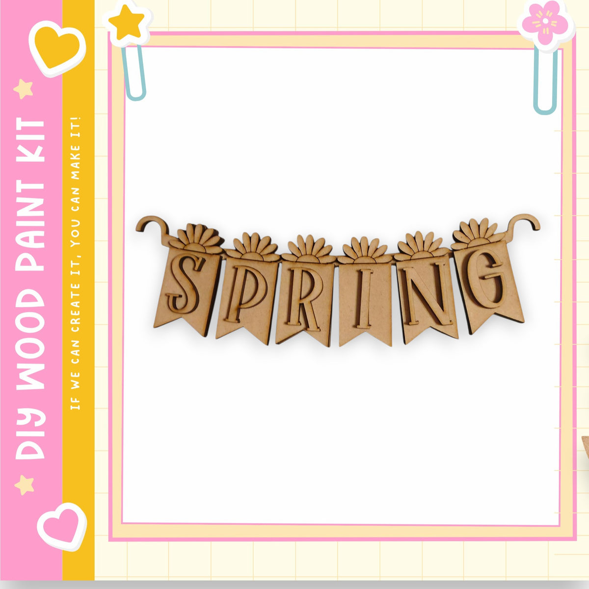 a banner with the word "SPRING" written on it, hanging on a wall.