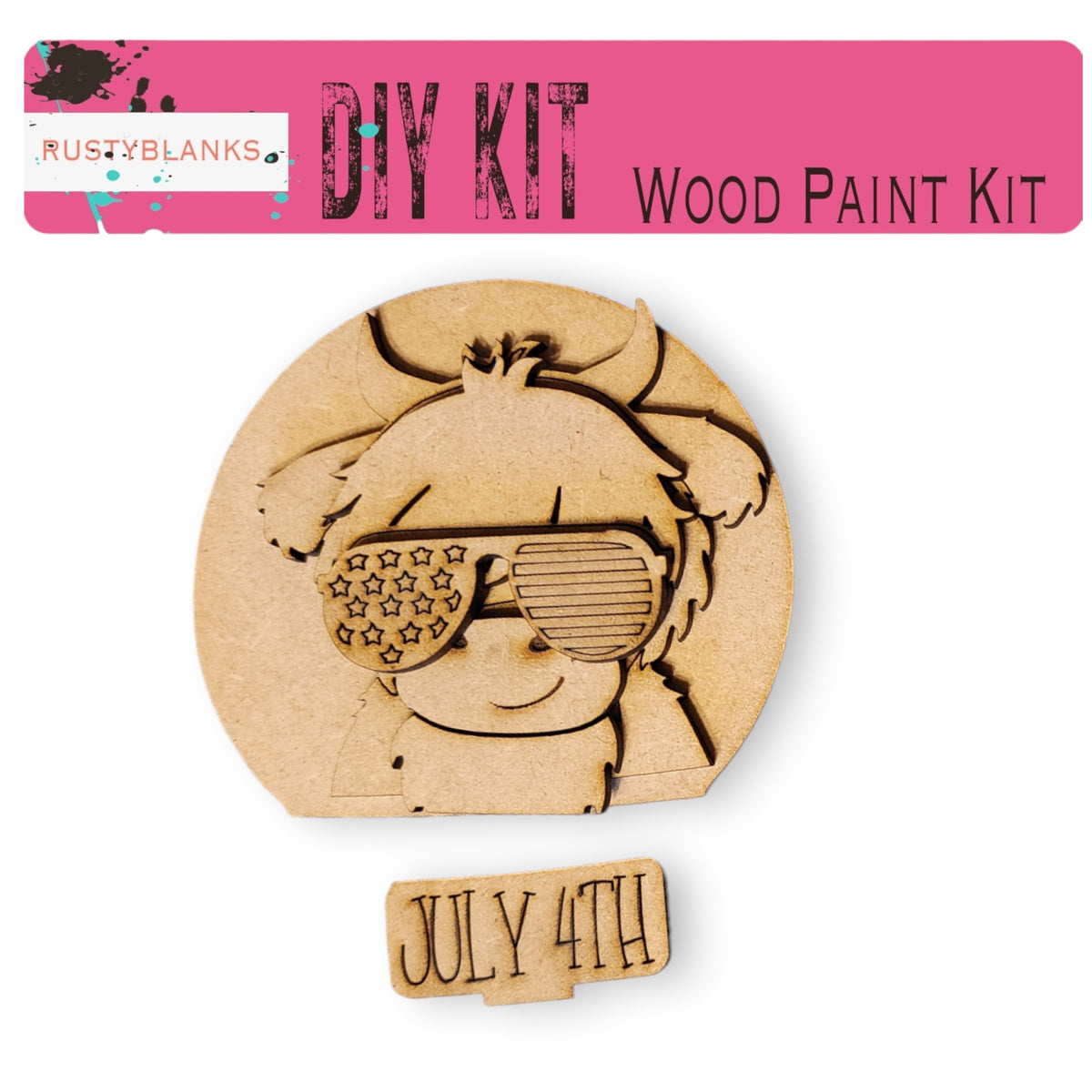 a DIY kit for a wood paint kit, including a wooden figure wearing sunglasses and a sign indicating the date "July 4th".