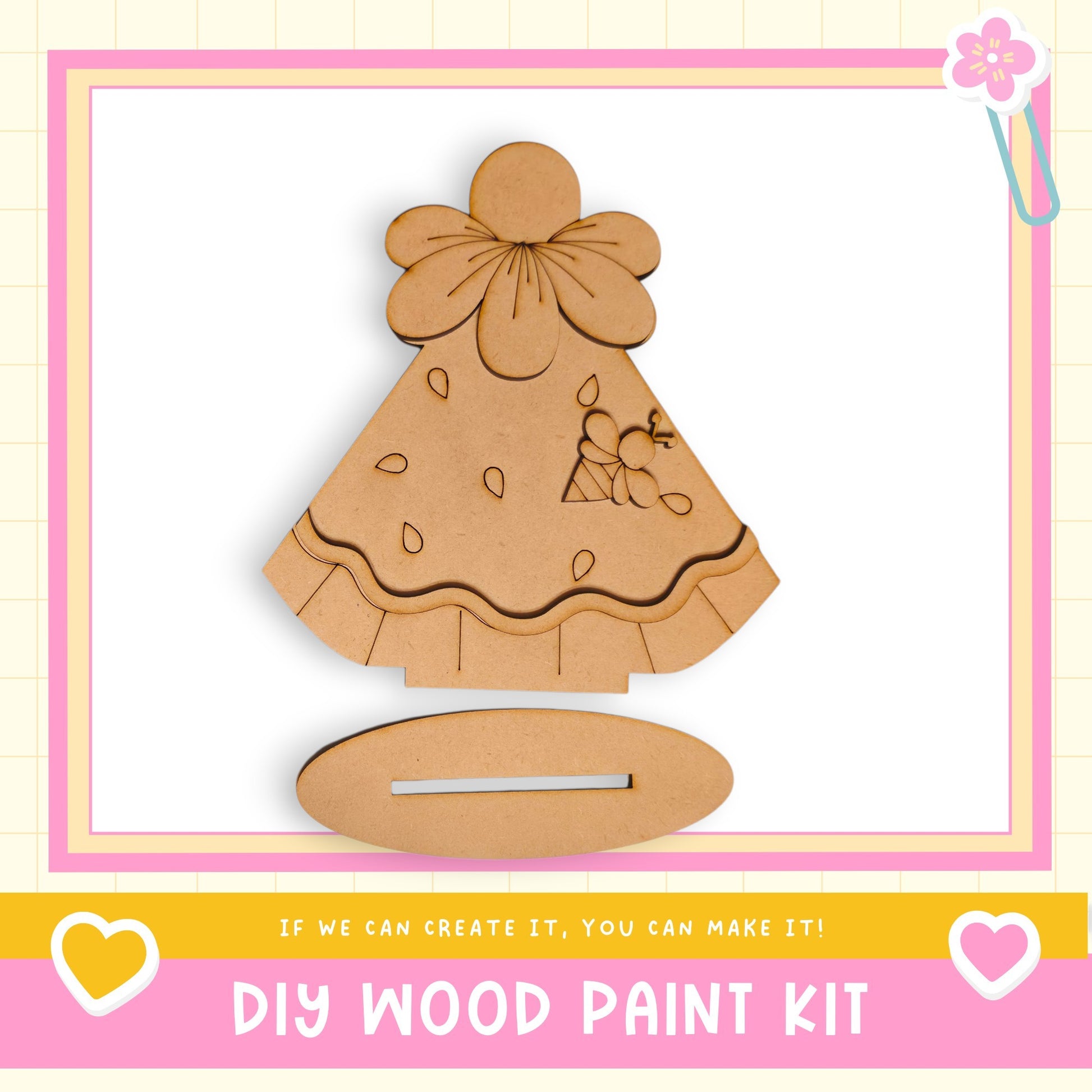 a DIY wood paint kit, including a wooden piece with a flower design and a stand, along with a heart and a flower motif.