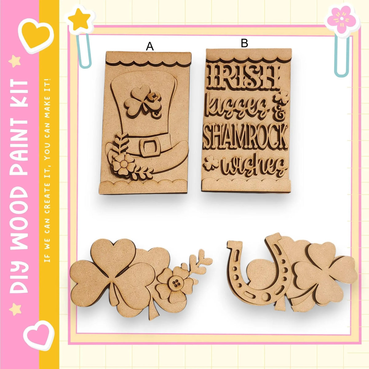 various cut-out shapes and designs, including a clover, a horseshoe, and a sign with Irish-themed text.