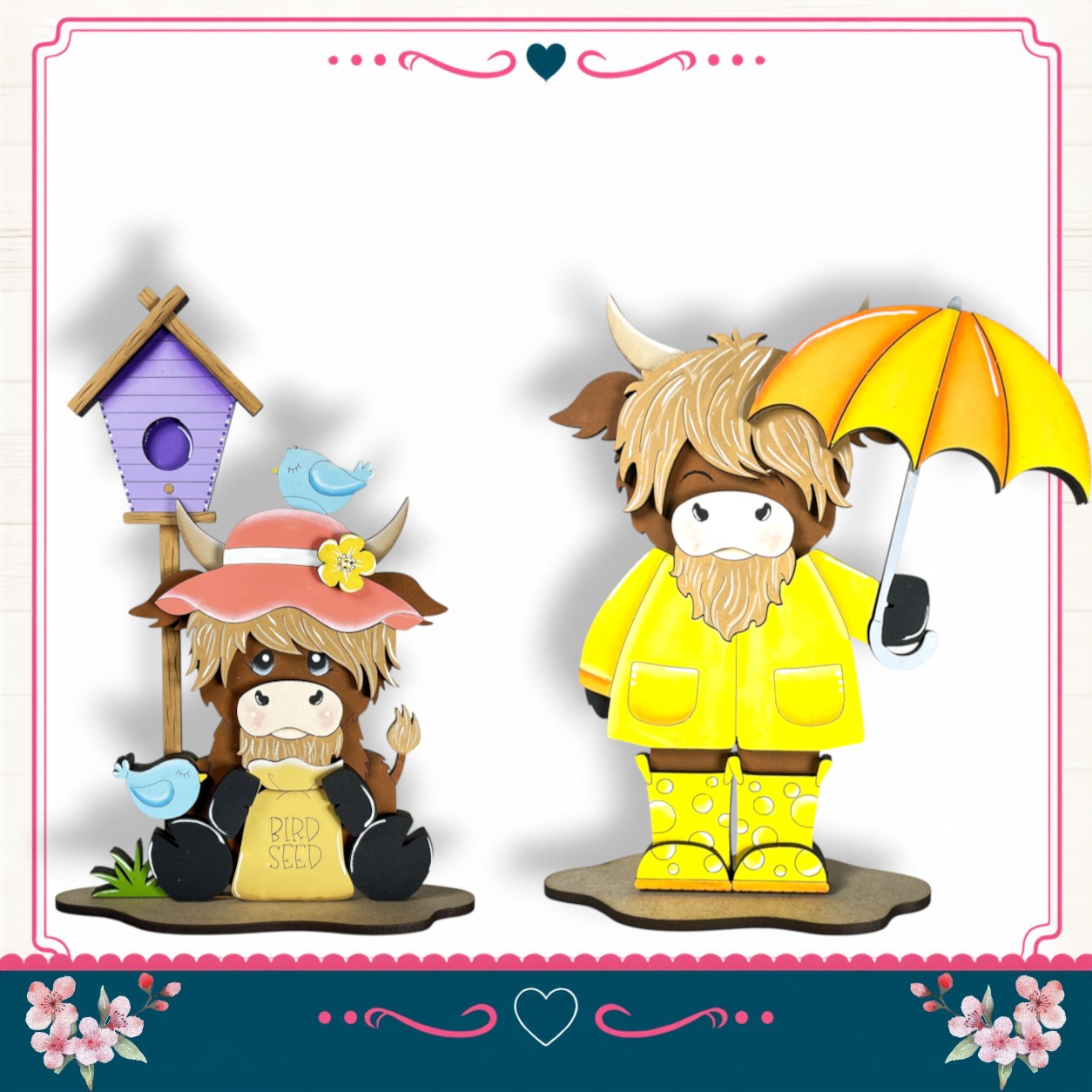 two cartoon cow figurines, one wearing a pink hat and the other wearing a yellow raincoat and yellow boots, standing next to each other and holding an umbrella.