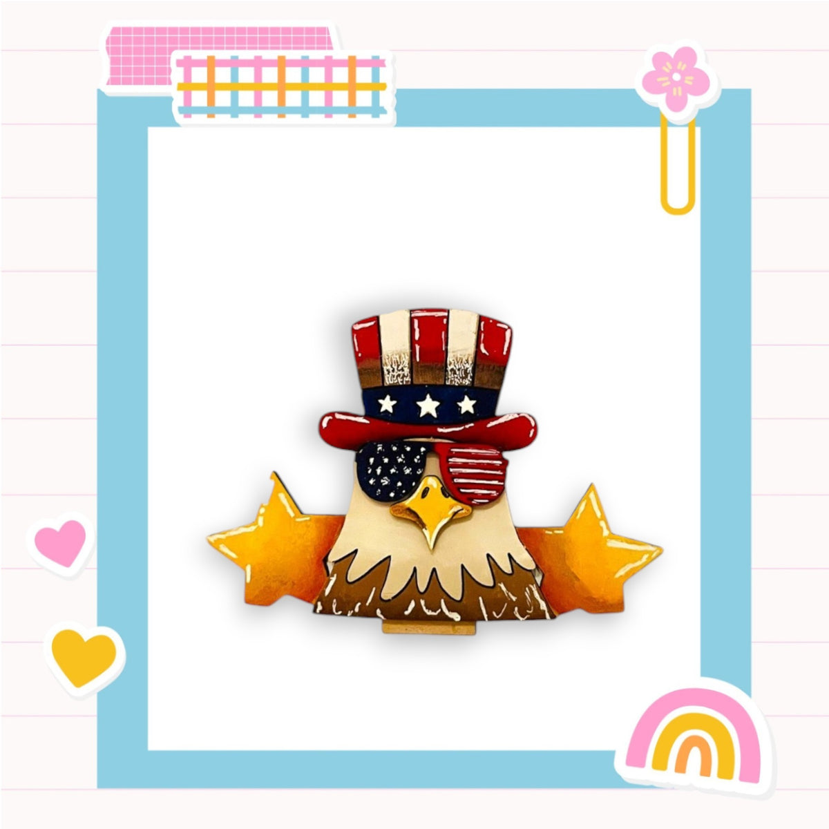 A collage of various colorful and whimsical images, including a patriotic eagle wearing a hat, a heart, and stars, all set against a blue background.