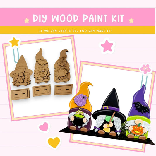 a picture of a wooden craft kit with pictures of gnomes and witches