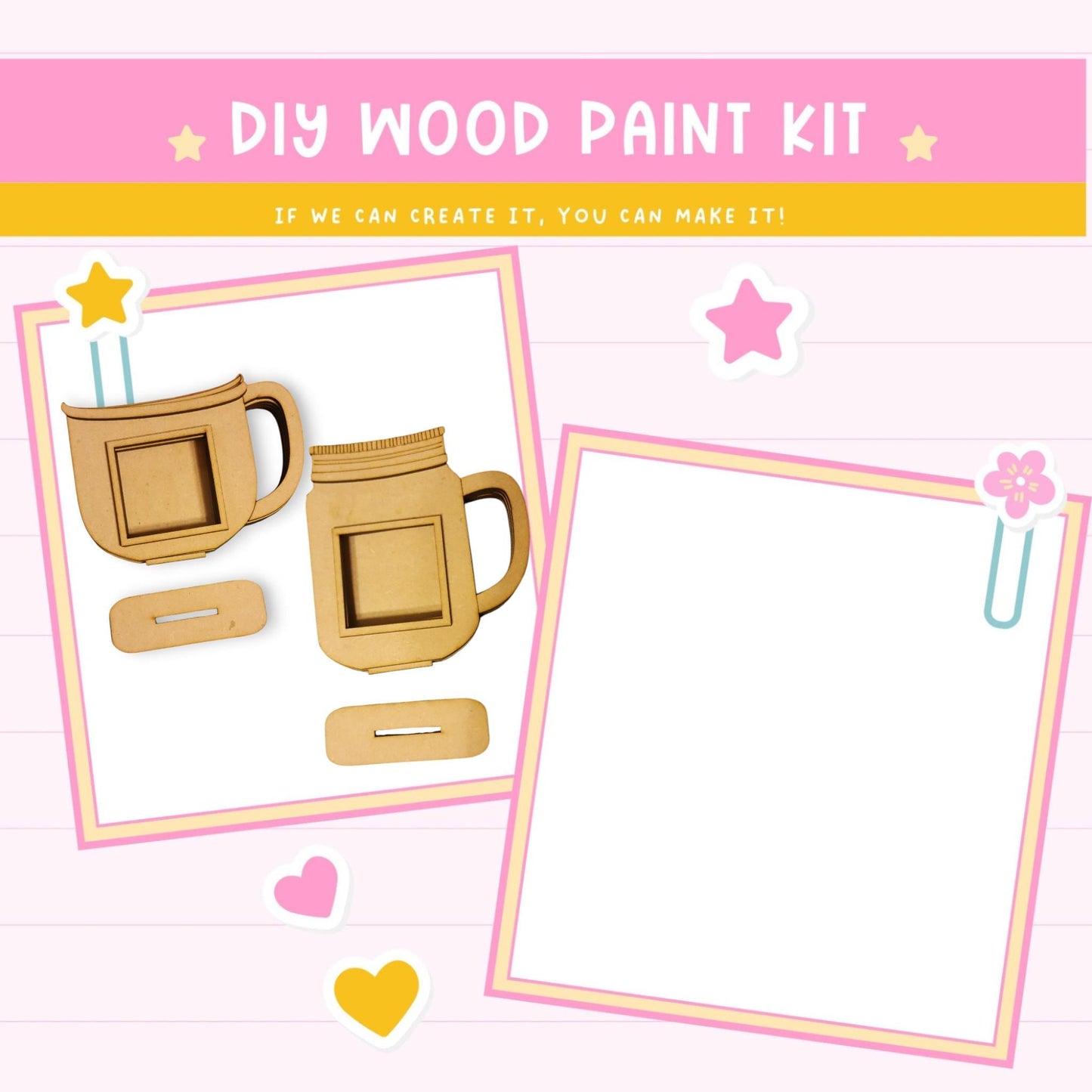 a wooden craft kit with two mugs and a paper clip