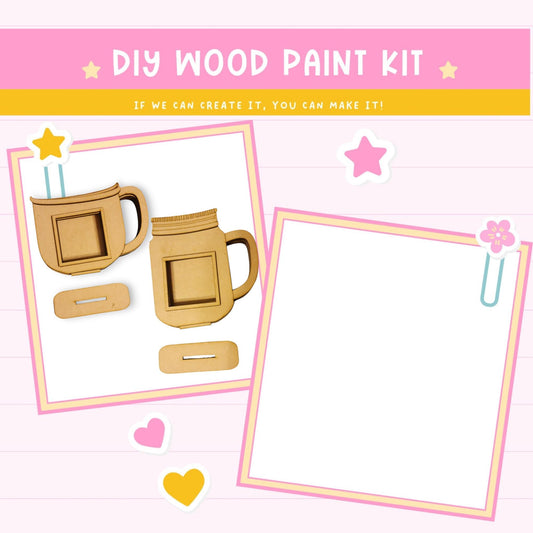 a wooden craft kit with two mugs and a paper clip