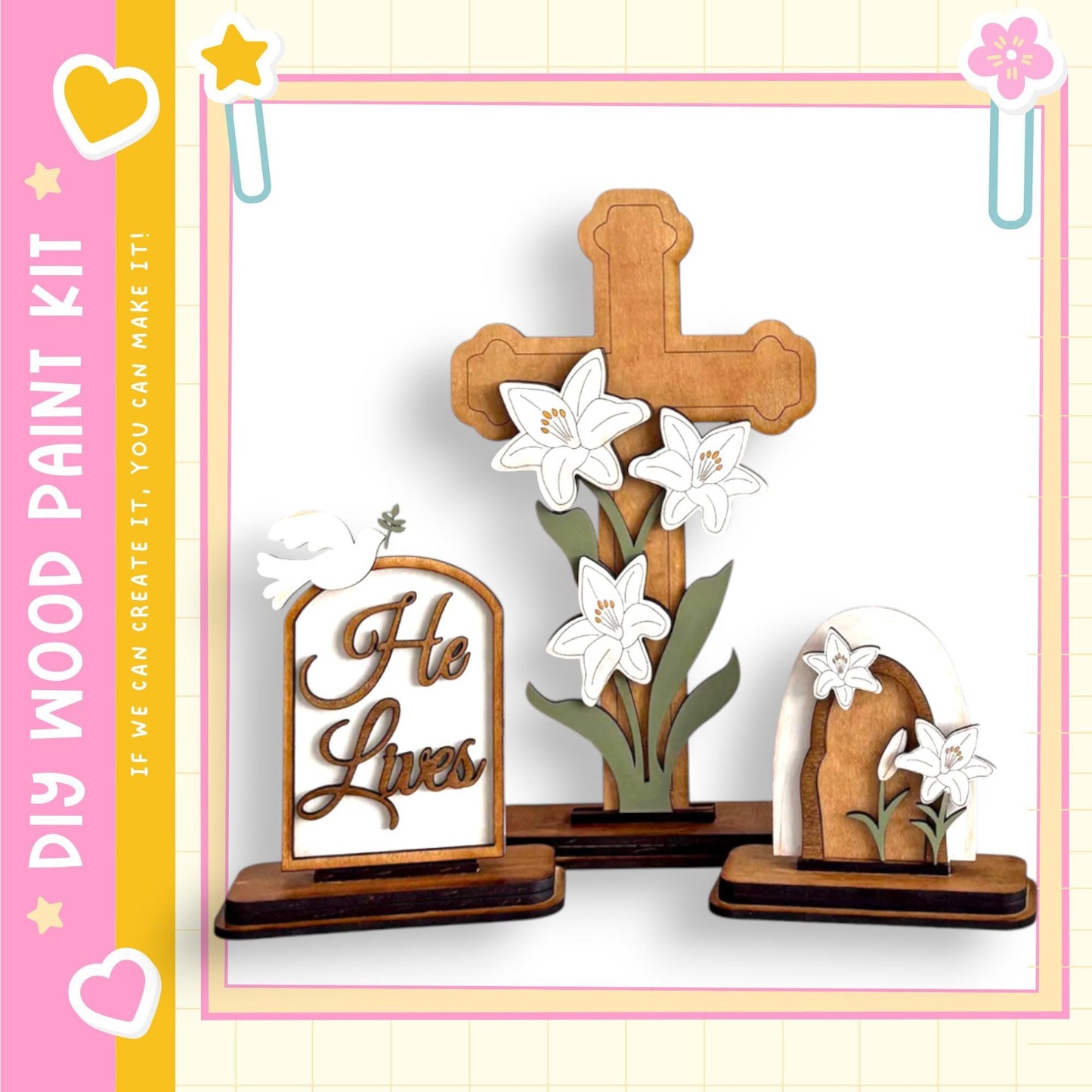 a wooden cross with white flowers, a wooden tomb with a bird, and a wooden door with white flowers, all set against a pink and yellow background.