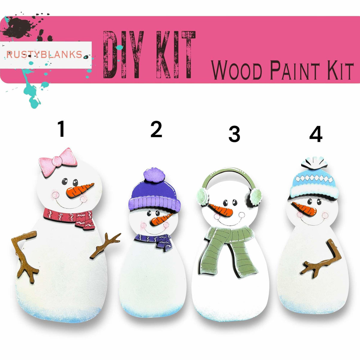 a number of snowmen with hats and scarves