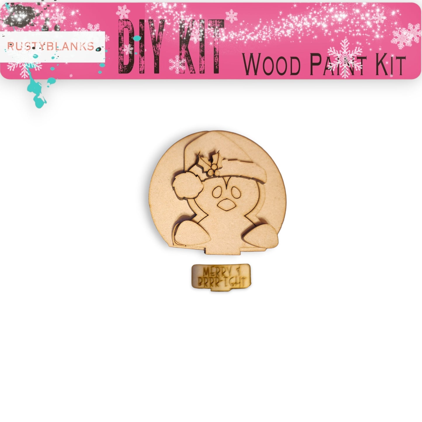 a wooden cutout of a Christmas-themed character, likely a snowman or reindeer, with a "Merry Christmas" sign below it.