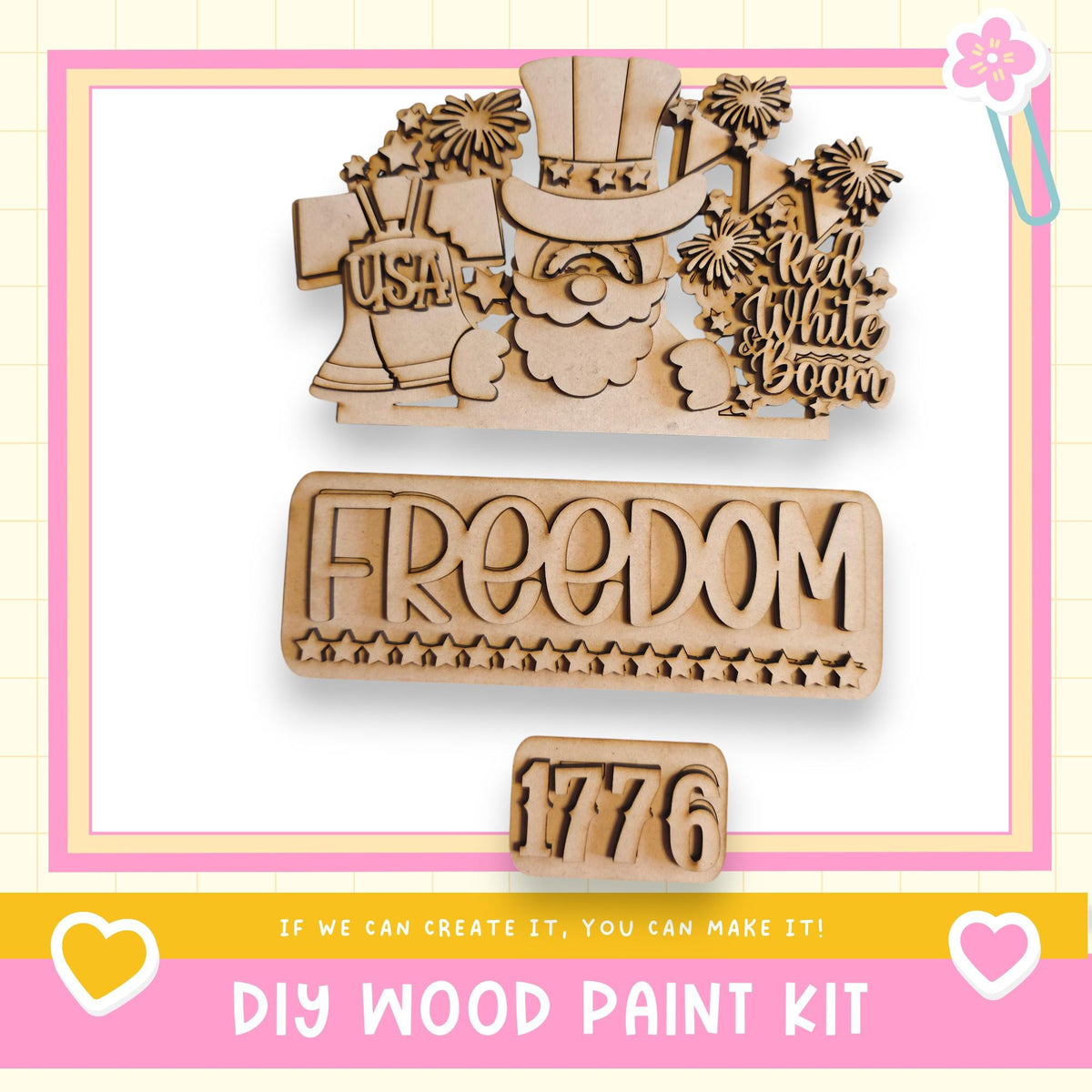 The image is a promotional image for a DIY wood paint kit, featuring a wooden cutout of a U.S. flag and the word "FREEDOM" along with the number "1776".