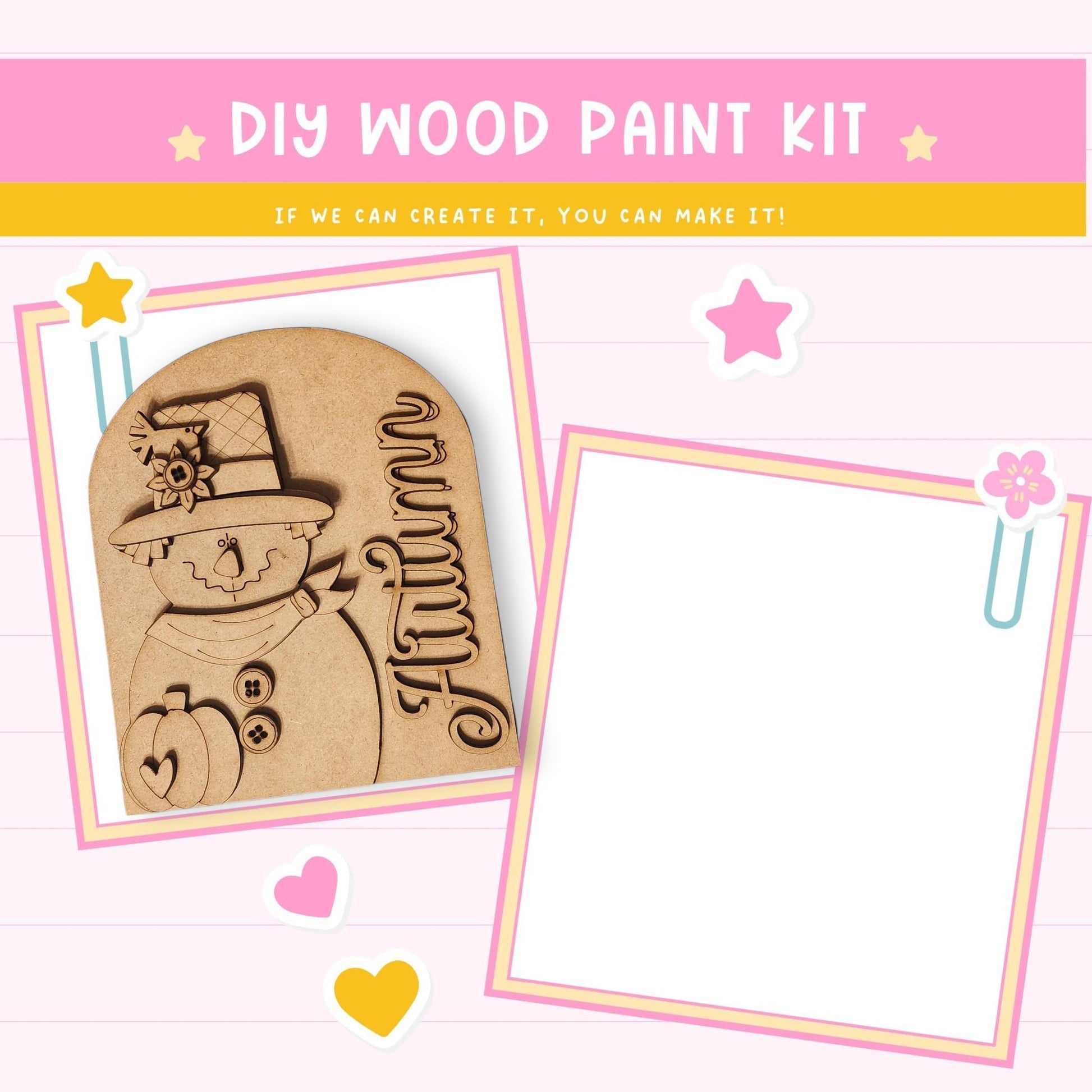 The image is a DIY wood paint kit with a snowman and autumn-themed elements, including a snowman, a pumpkin, and a star.
