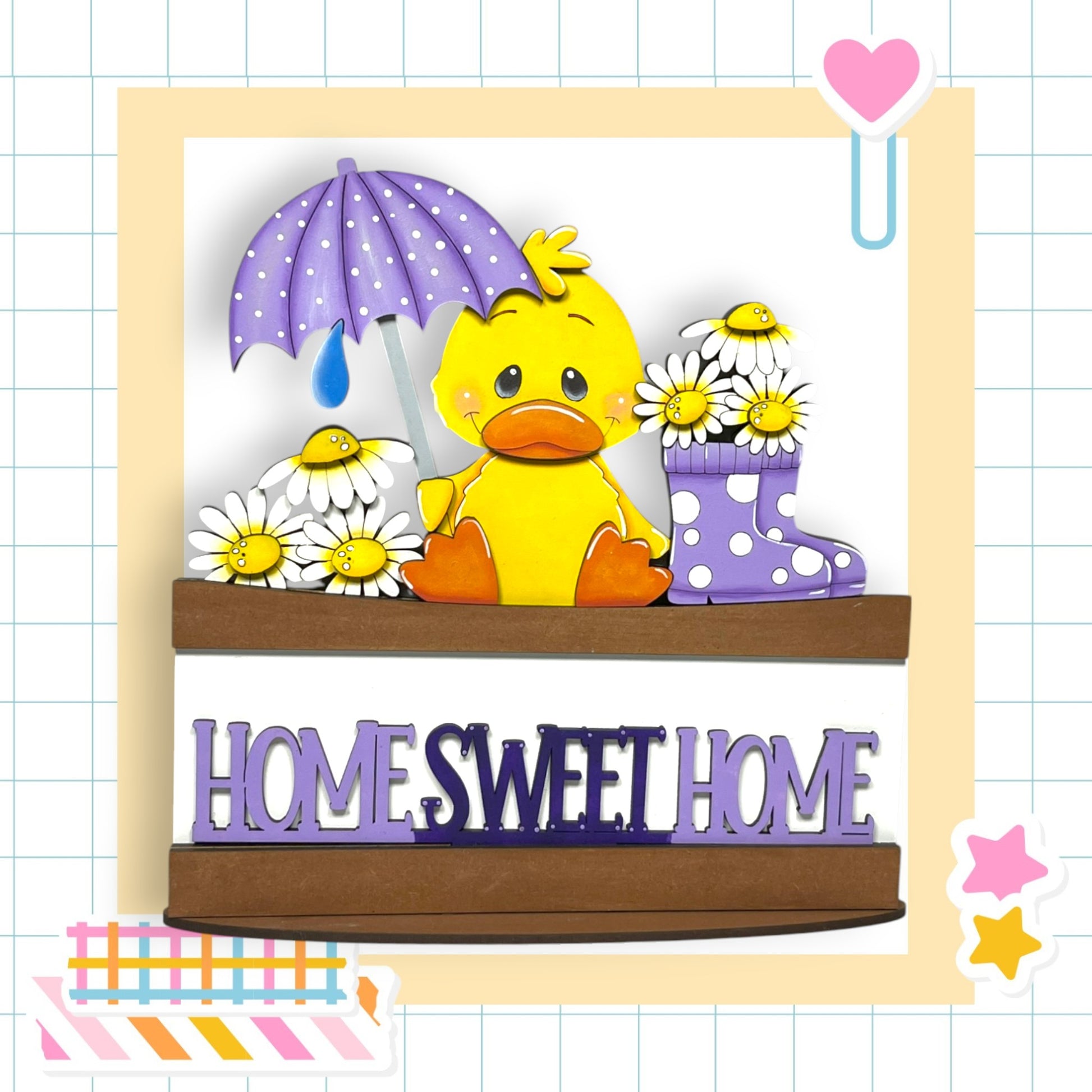 A yellow duck holding a purple umbrella and surrounded by white daisies, with the text "HOMESWEETHOME" displayed below.