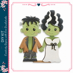 a DIY kit for creating a bride and groom decoration, with a green bride and a green male character.