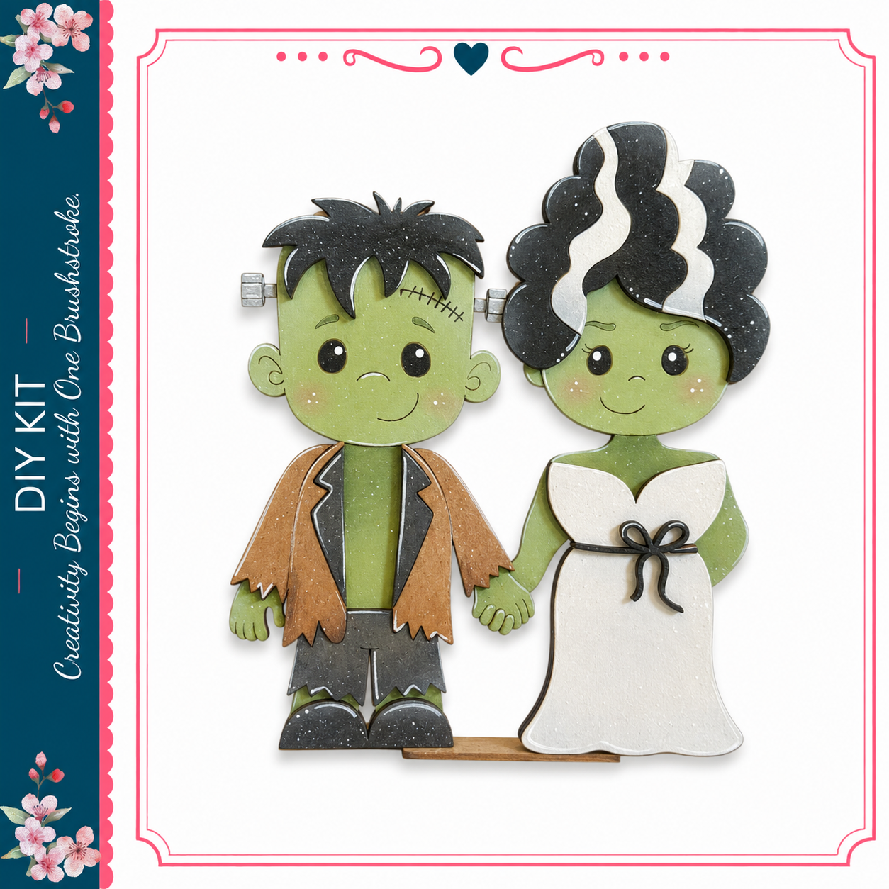 a DIY kit for creating a bride and groom decoration, with a green bride and a green male character.