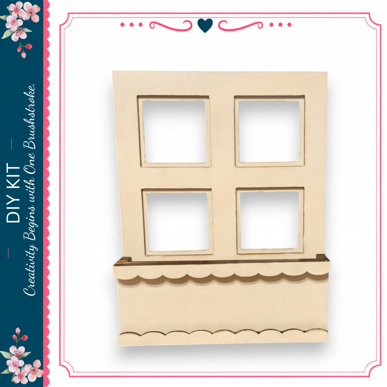 a wooden window with four panes, set against a white background.