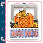 A decorative pumpkin with sunflowers and a bird, surrounded by the text "Sweater Weather" in a colorful frame.
