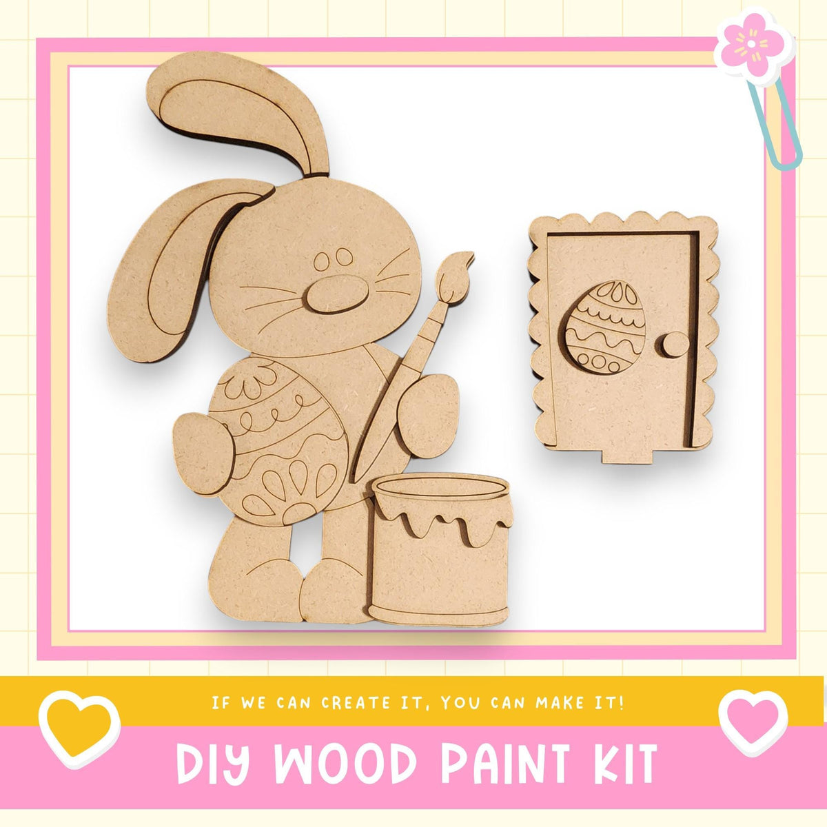 a DIY wood paint kit, including a wooden bunny holding a paintbrush and a wooden Easter egg. The kit appears to be designed for children to create their own Easter-themed decorations.