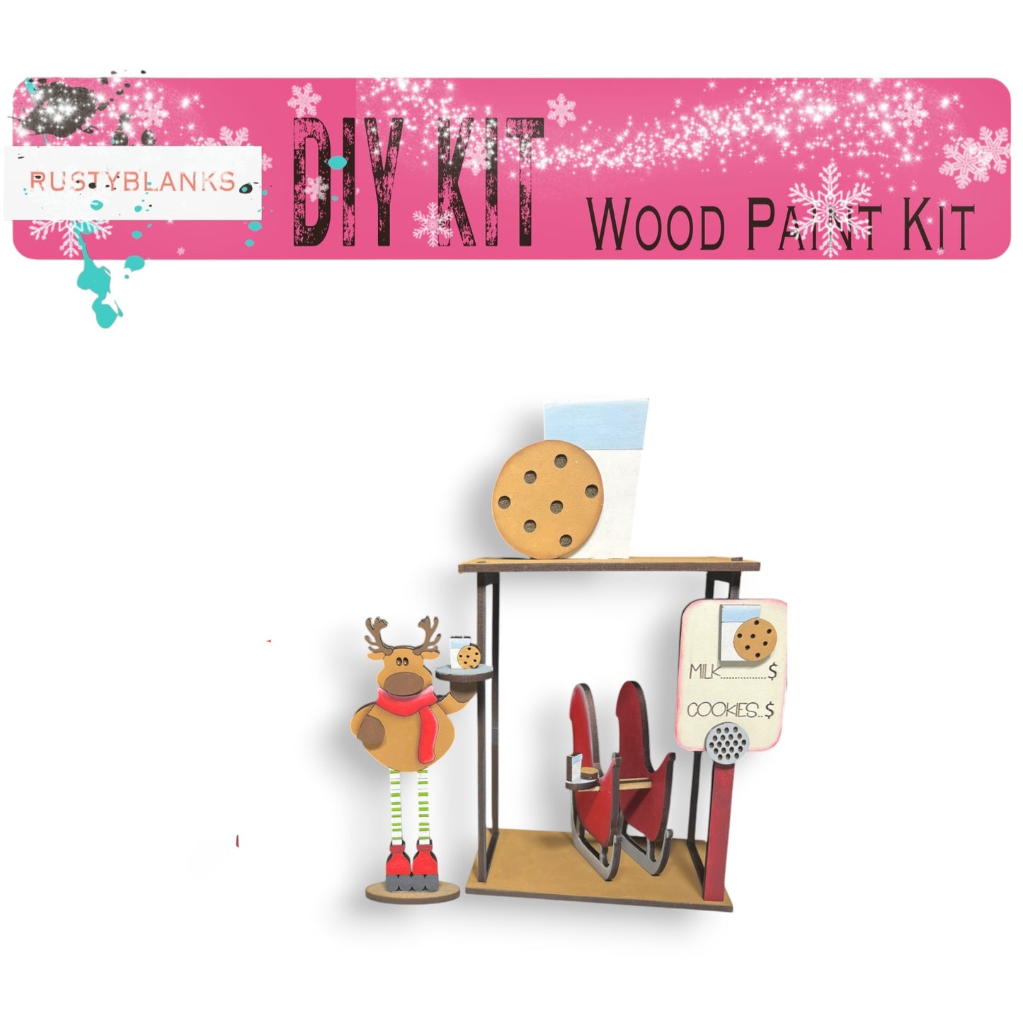 a wooden play set with a reindeer and a cookie