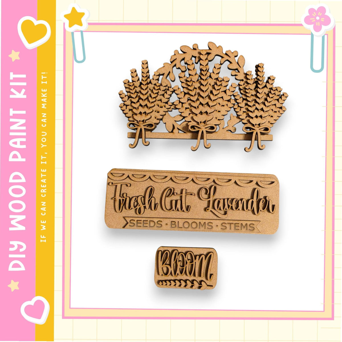 various wooden craft items, including a wooden flower arrangement, a wooden sign, and a wooden stamp.