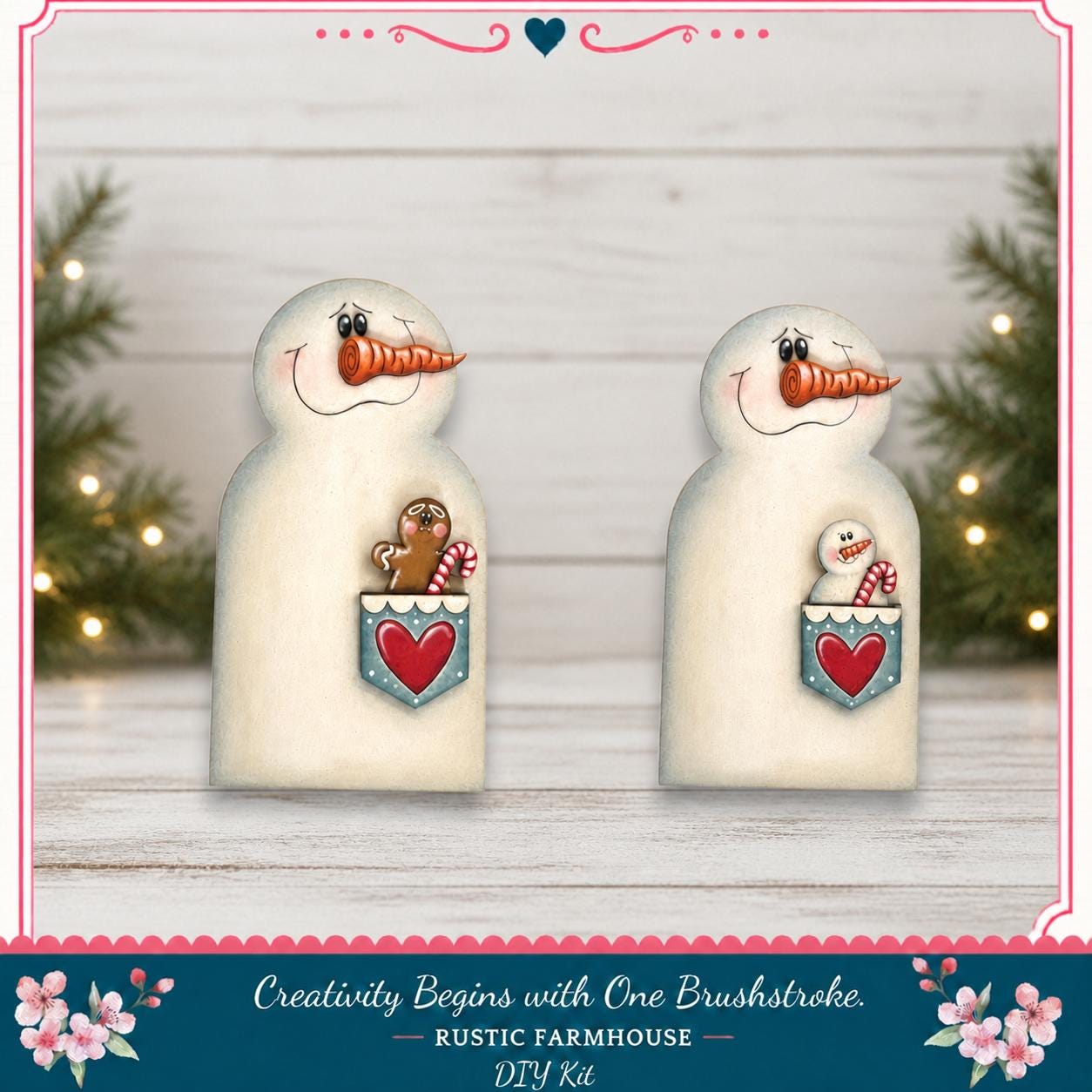 two snowman figurines with hearts in their pouches, set against a white wooden background with Christmas lights and pine trees in the background.