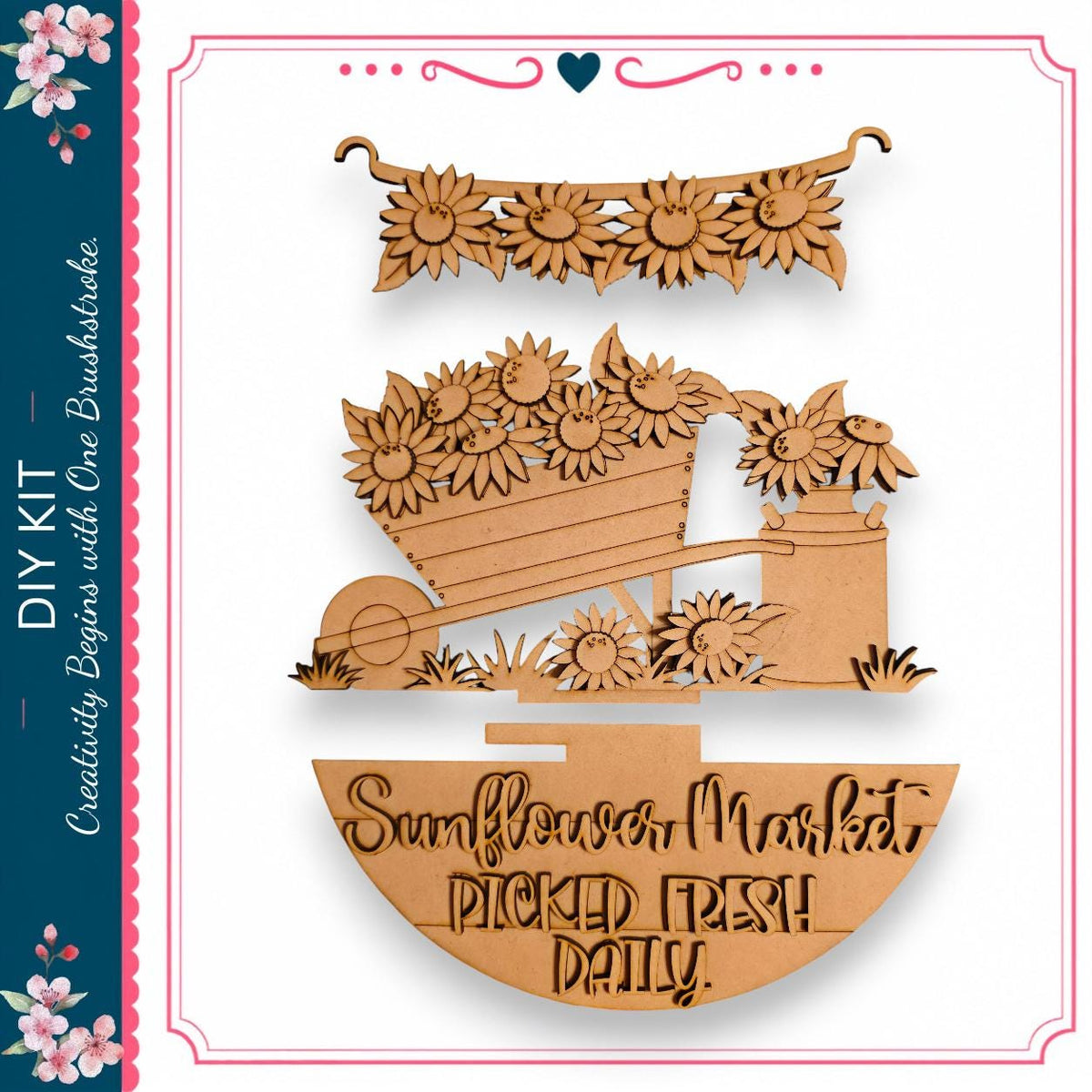 The image is a wooden craft depicting a sunflower market scene, with a wooden cart filled with sunflowers and a sign that reads "Sunflower Market Picked Fresh Daily".