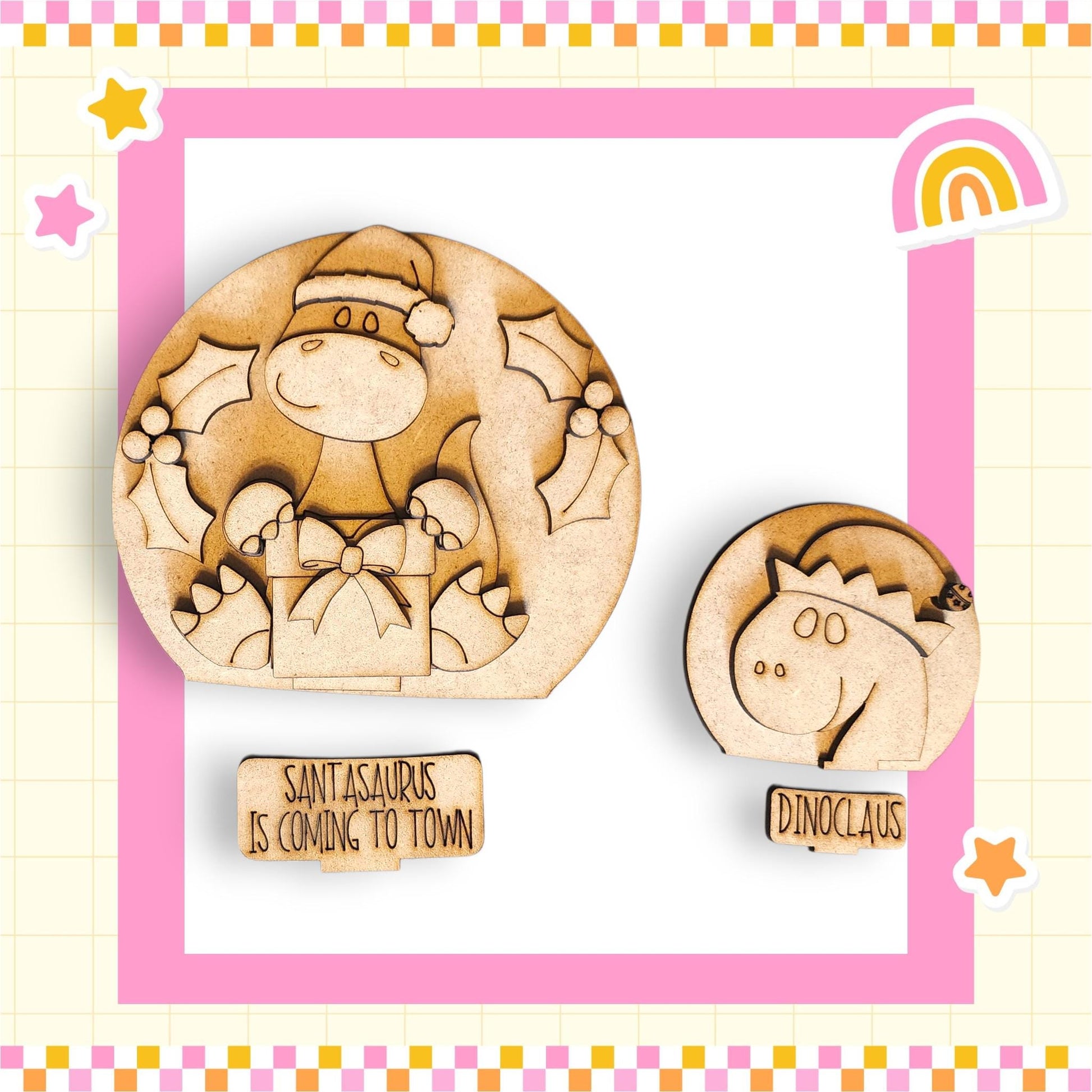 two wooden cutouts of Santa and Dinoclaus, both wearing Santa hats, set against a pink and yellow checkered background.