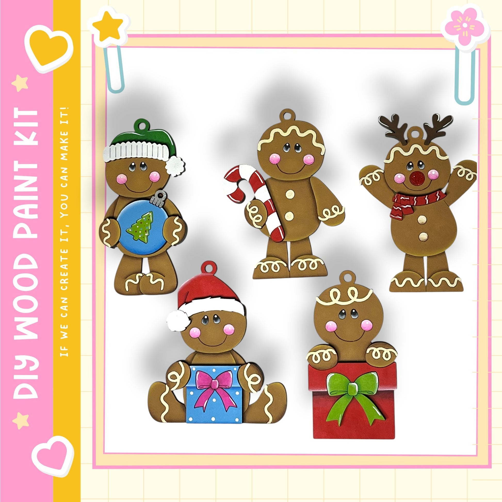 a collection of five gingerbread man ornaments, each with unique features and accessories, displayed against a white background.