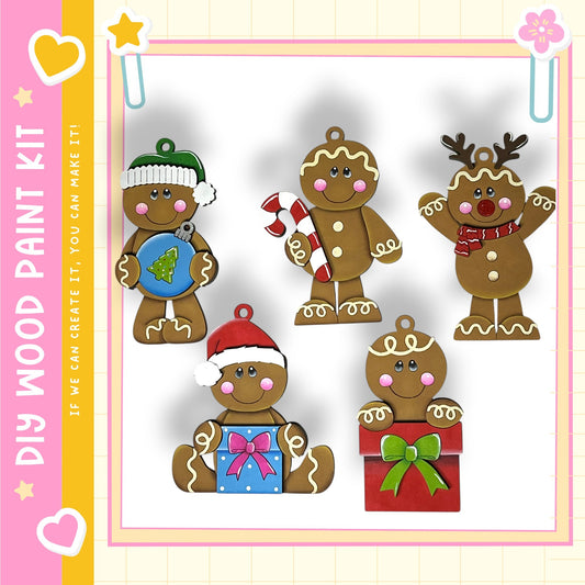 a collection of five gingerbread man ornaments, each with unique features and accessories, displayed against a white background.