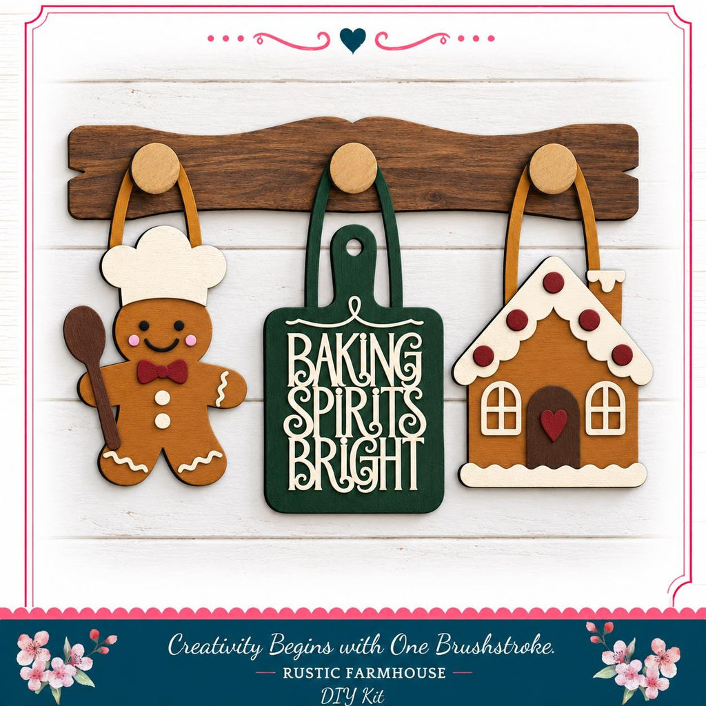 a rustic farmhouse-style kitchen scene with a wooden spoon, a green cutting board with the phrase "Baking Spices Bright", and a gingerbread house.